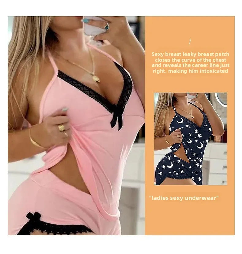 Conjunto de camisón con ribete de encaje sexy, ropa de dormir con tirantes para el hogar de gran tamaño, conjunto de dos piezas, gran oferta
