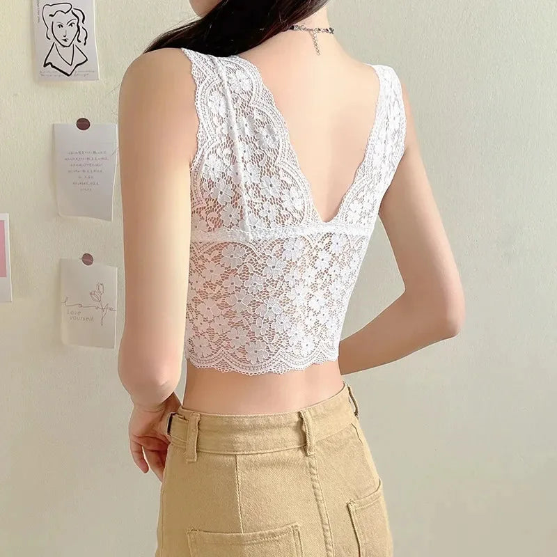 Sujetadores de encaje para mujer, Top con escote en V profundo, lencería Sexy sin aros, camisetas sin mangas, ropa interior femenina, Bralette con espalda en V, camisola acolchada