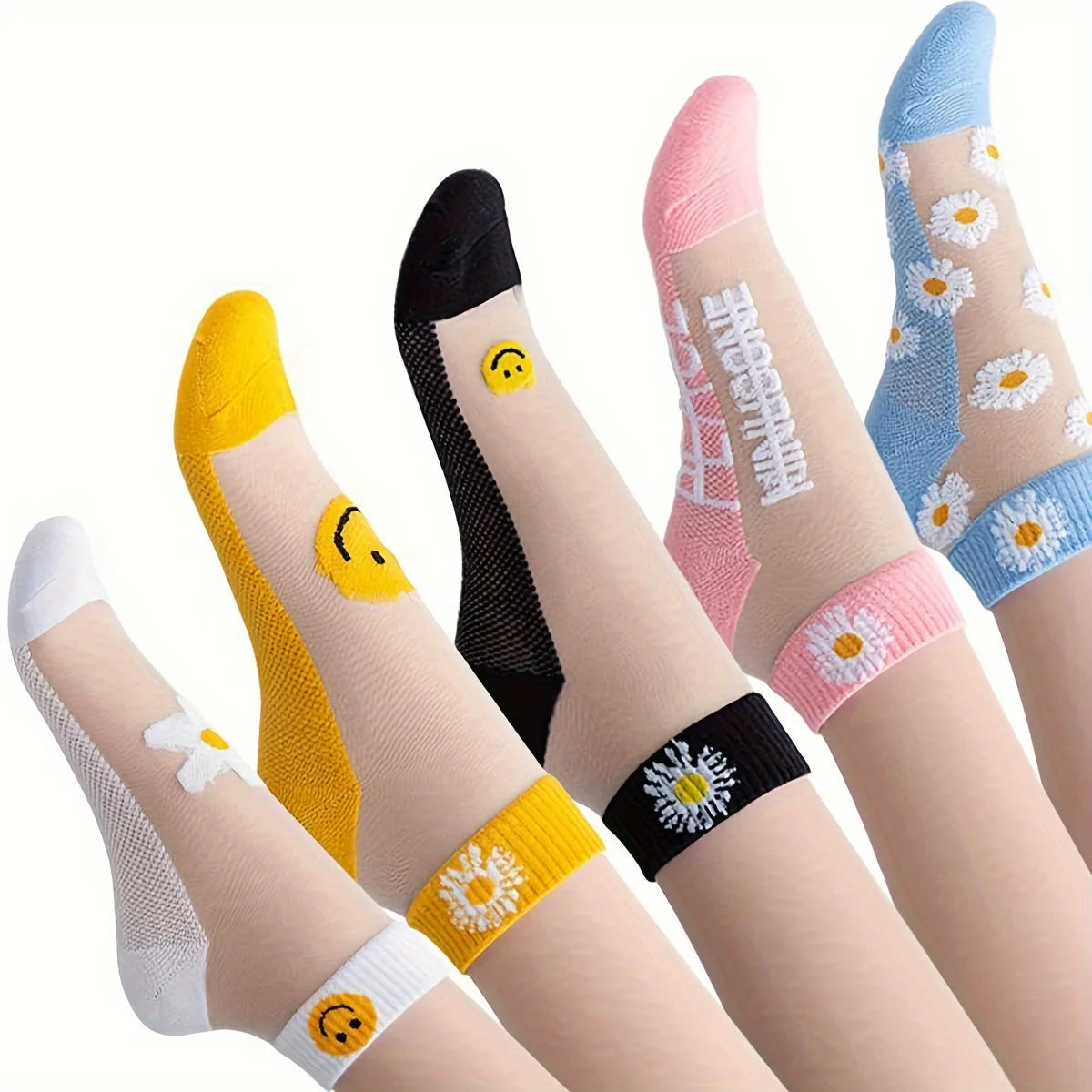 Conjunto de calcetines cortos para mujer cómodos y transparentes, diseño juguetón, 5 pares con diferentes colores.