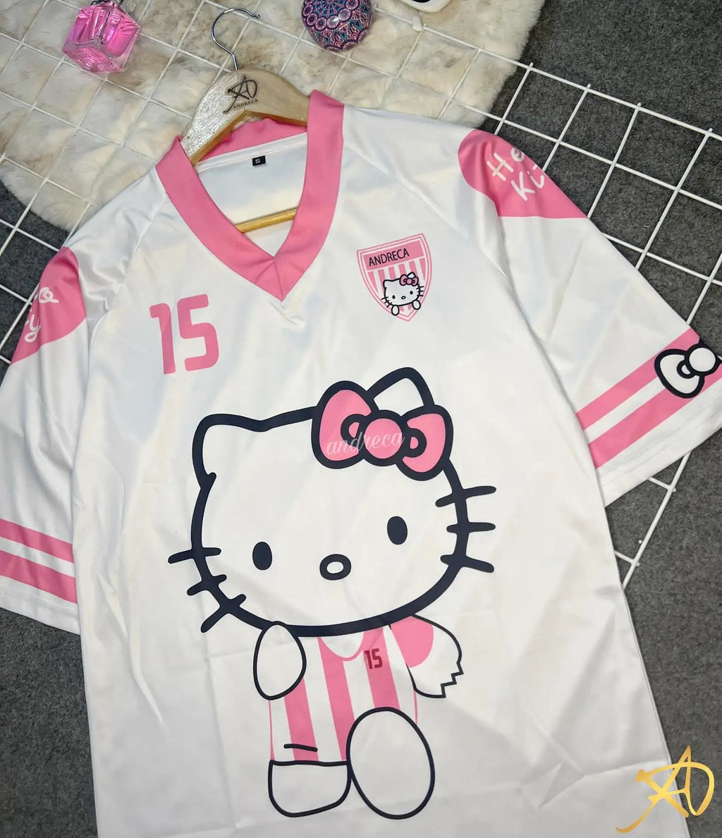 Camiseta de dibujos animados de Hello Kitty, ropa deportiva de moda para mujeres y hombres, pijamas con cuello en V, ropa de calle holgada informal ligera y transpirable, Tops
