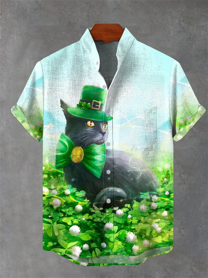 2025 nueva camisa para hombre con estampado 3D de gato pantalón corto informal de manga, camisa con botones de solapa de moda hecha de lino