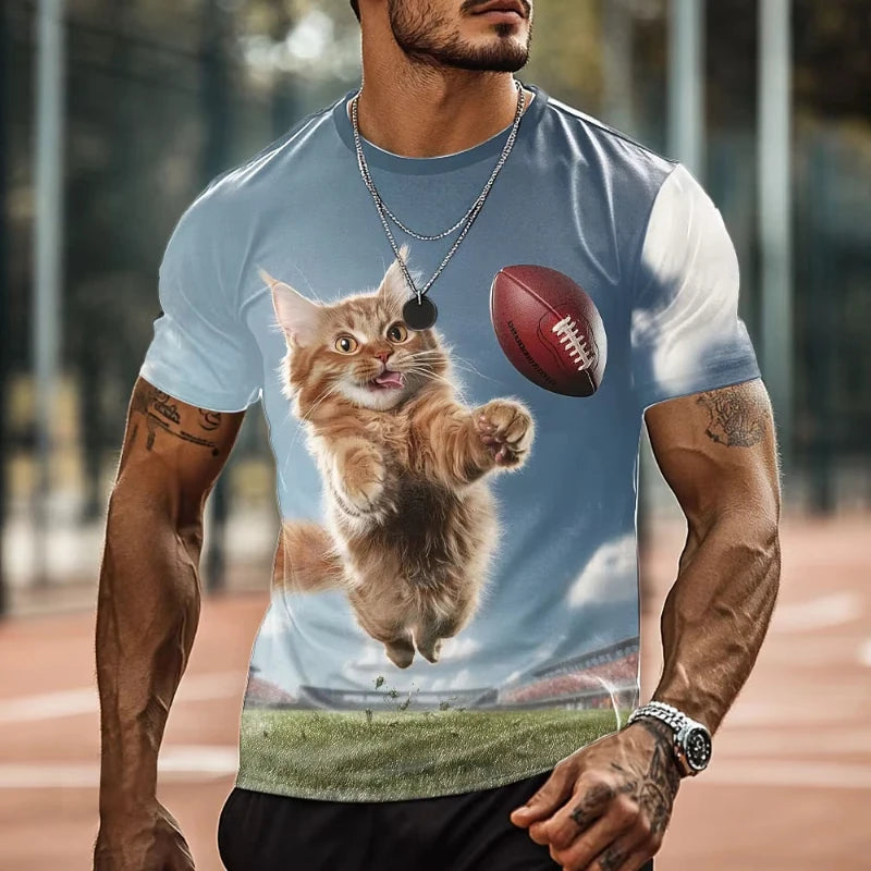 Camiseta con gráfico de gato divertido de verano para hombre, camisetas de manga corta con cuello redondo para ocio al aire libre, ropa holgada con estampado 3D para hombre, camisetas Harajuku