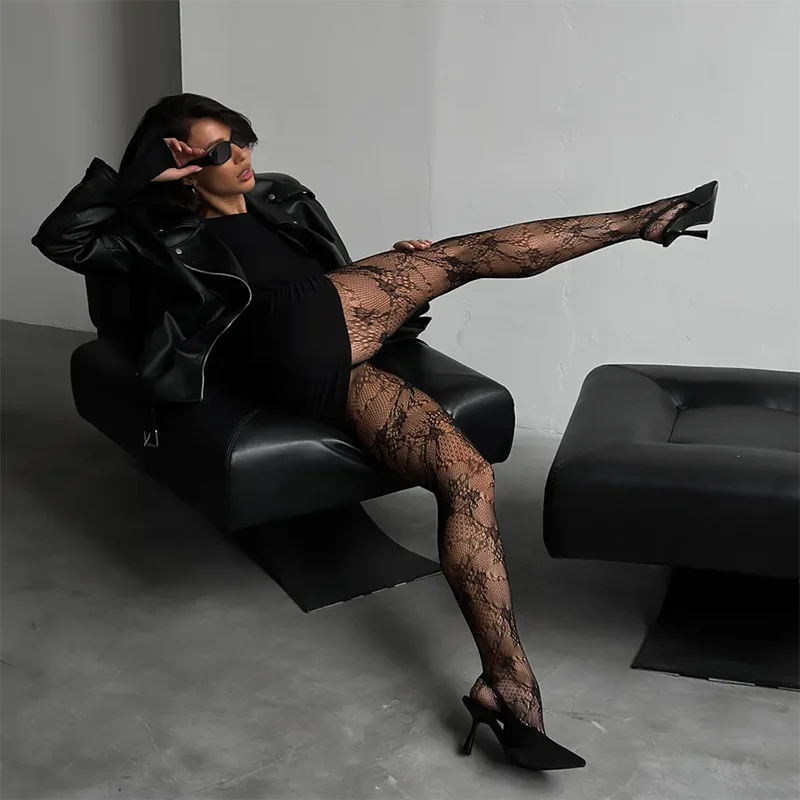 Kave medias estampadas de rejilla de encaje ahuecado negro de alta elasticidad para mujer nailon suave Color sólido dulce Panyhose refuerzo del dedo del pie