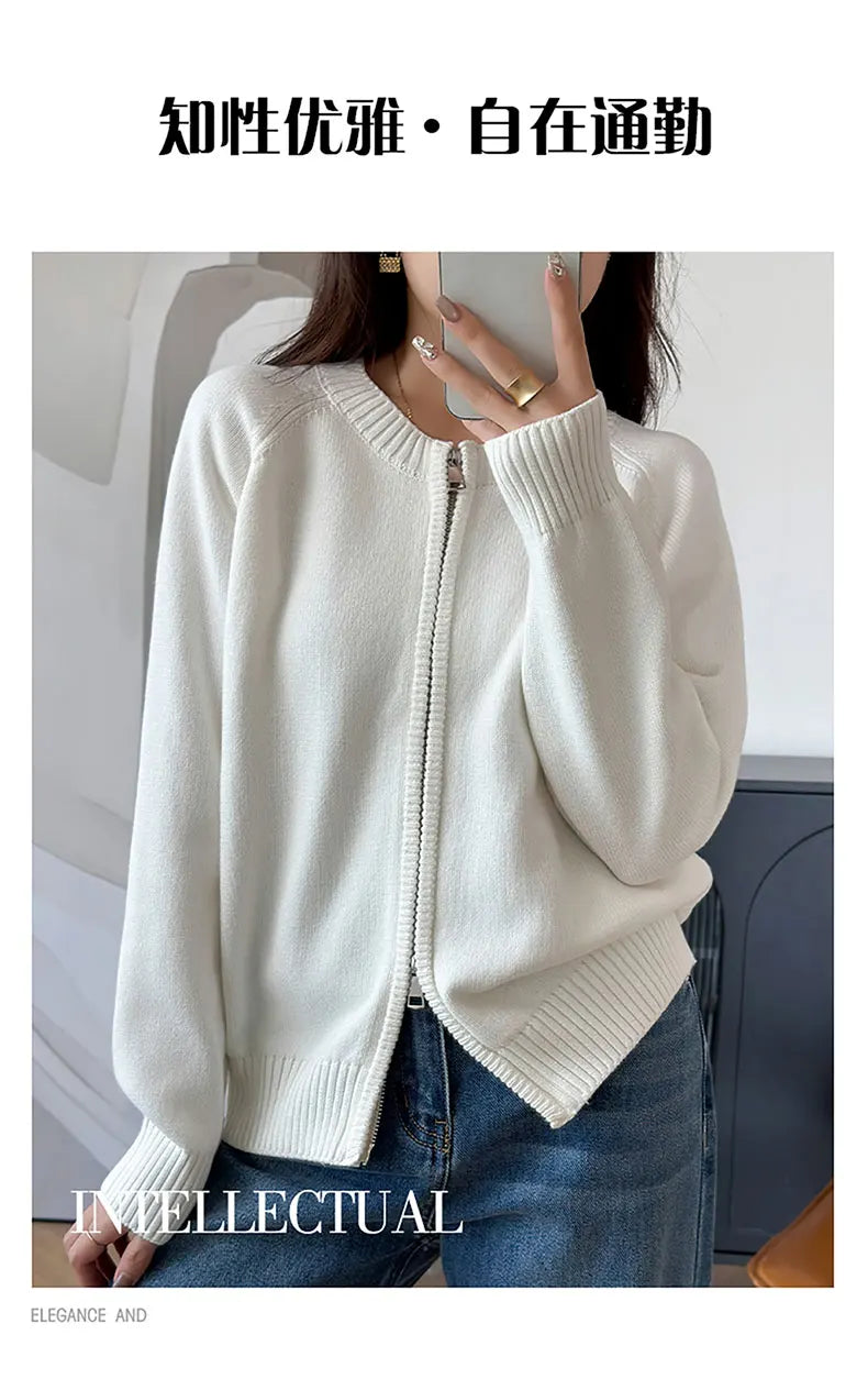 YTFidio 100% de algodón para mujer, cárdigan liso con cremallera gruesa y cuello redondo, ropa de diseñador de lujo, jersey para mujer, Tops femeninos 401