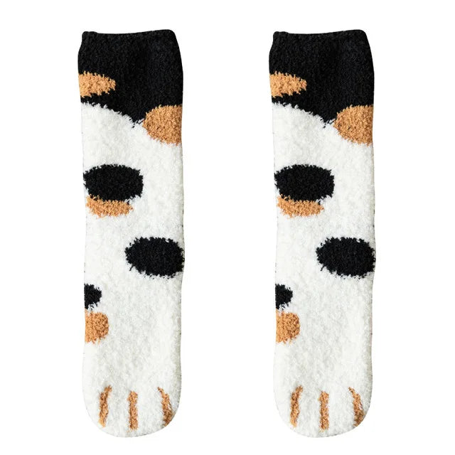 Calcetines blancos de dibujos animados Kawaii para mujer, bonitos calcetines 3d con diseño de pata de perro y gato, calcetines cálidos y divertidos de lana para dormir en el suelo del hogar