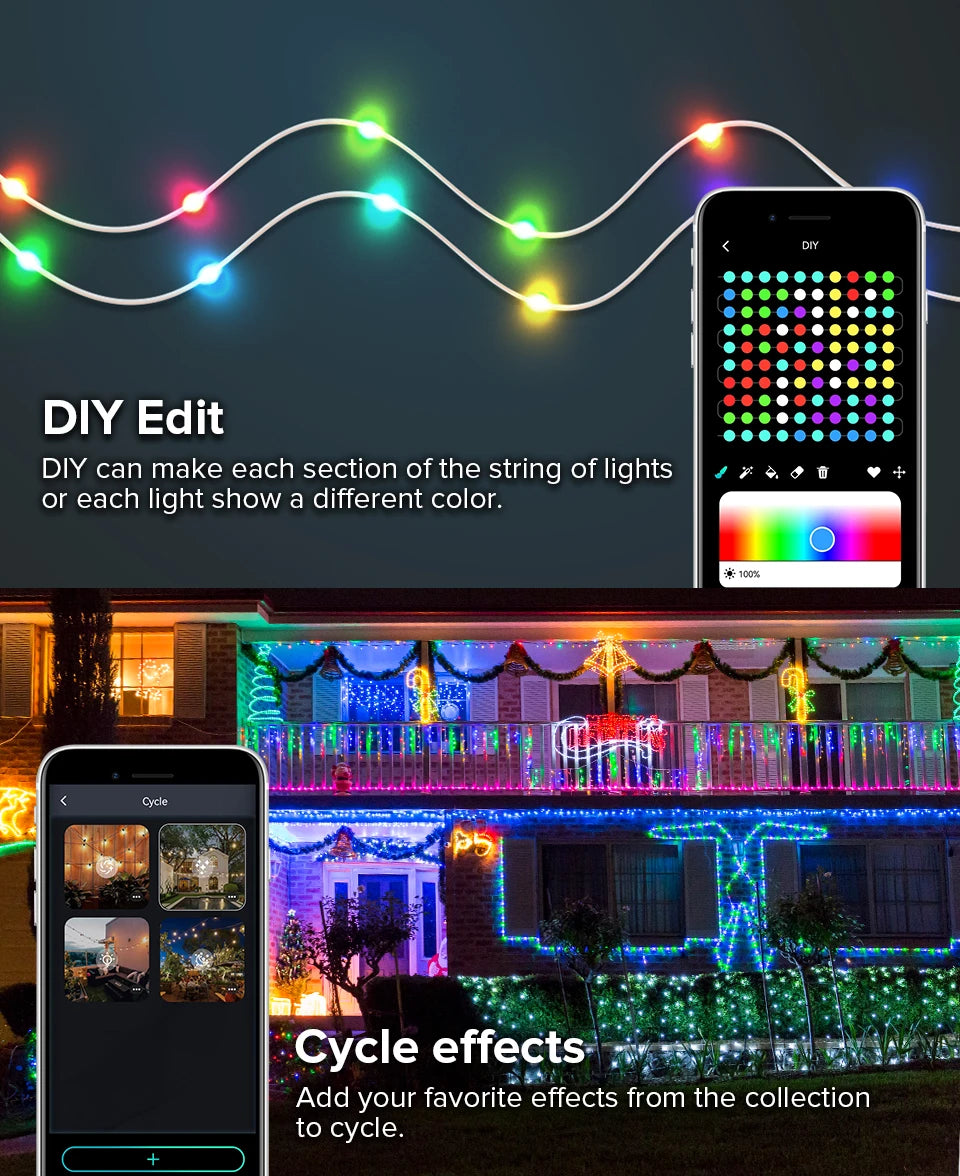 Dreamcolor cadena de luces navideñas BT música WS2812B RGBIC iluminación direccionable fiesta boda guirnalda decoración al aire libre USB DC5V