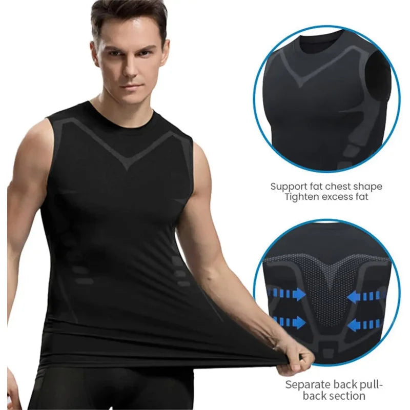Chaleco adelgazante para hombre, camisa de compresión iónica, camiseta sin mangas moldeadora de cuerpo refrescante de seda helada, camisetas de Fitness de secado rápido con Control de barriga