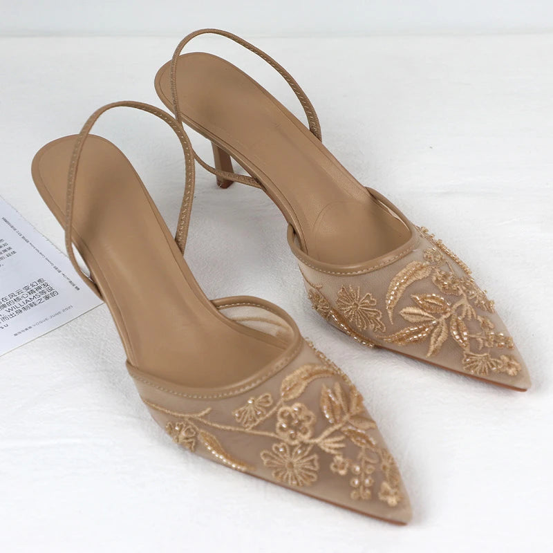 Sandalias de tacón alto de marca de lujo para mujer, zapatos de vestir de novia con bordado de malla, elegantes y puntiagudos, para fiesta de noche y boda