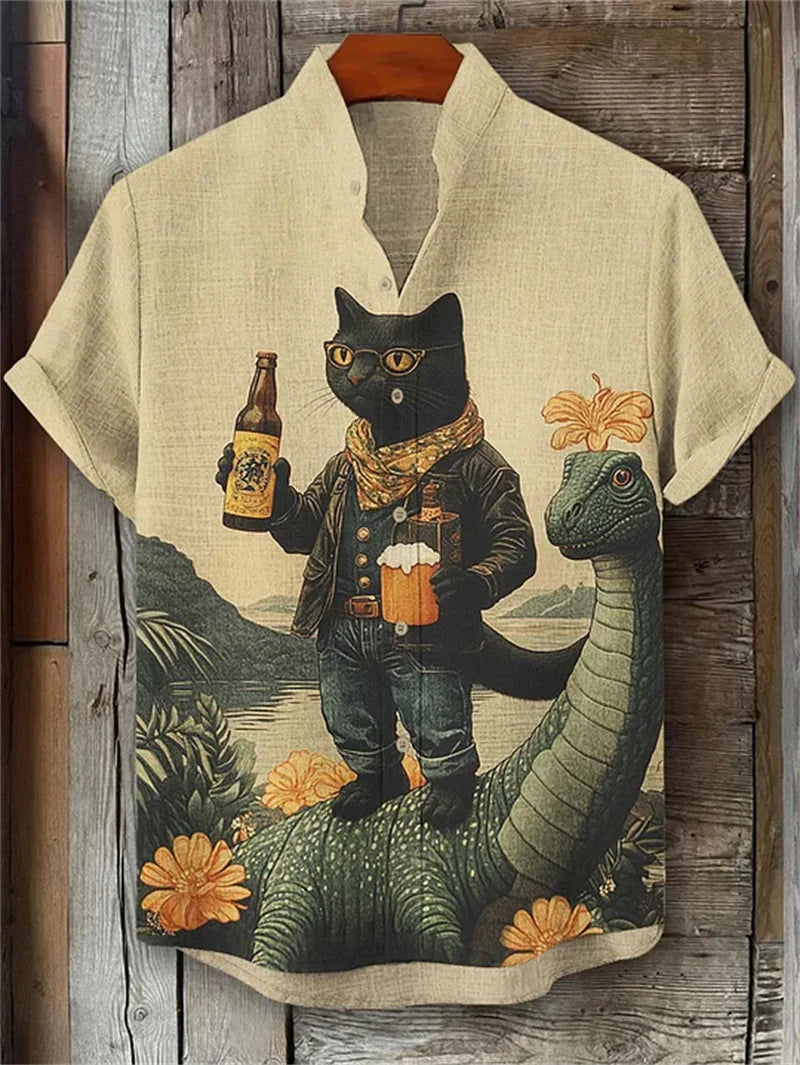Novedad de verano para hombre, camisa de manga corta con estampado de gato artístico, camisa de manga corta de lino Vintage para hombre, Top informal