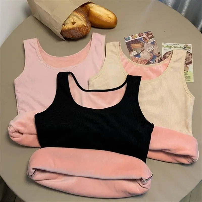 Ropa interior térmica de invierno para mujer, Top sin costuras, camisa de terciopelo, chaleco sin mangas, camiseta interior cálida para mujer, lencería Sexy de Color sólido