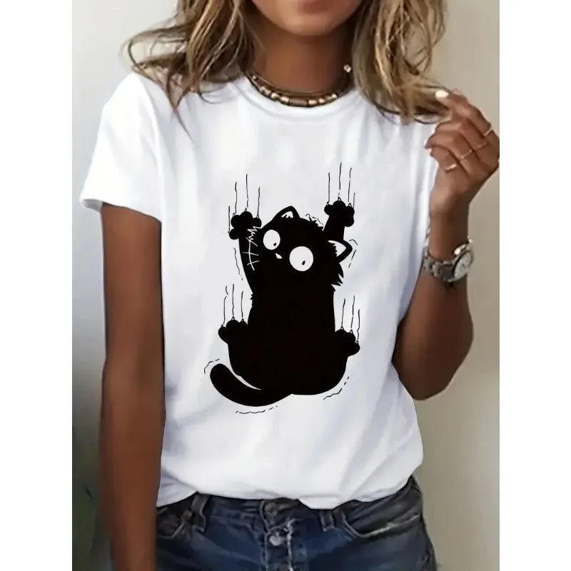 Ropa informal con cuello redondo para mujer, Top para todas las estaciones, camiseta con estampado de diseño de gato divertido para escalar, ropa estética de manga corta