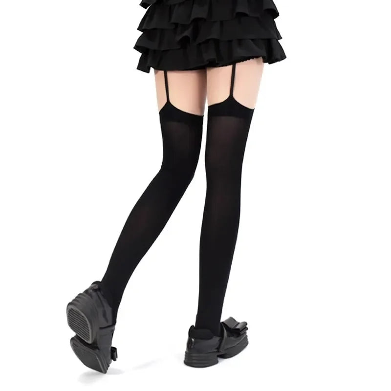 Calcetines con tirantes para mujer, decoración cruzada con personalidad, Color sólido, fino hasta el muslo, Cosplay de Anime Lolita, medias góticas por encima de la rodilla