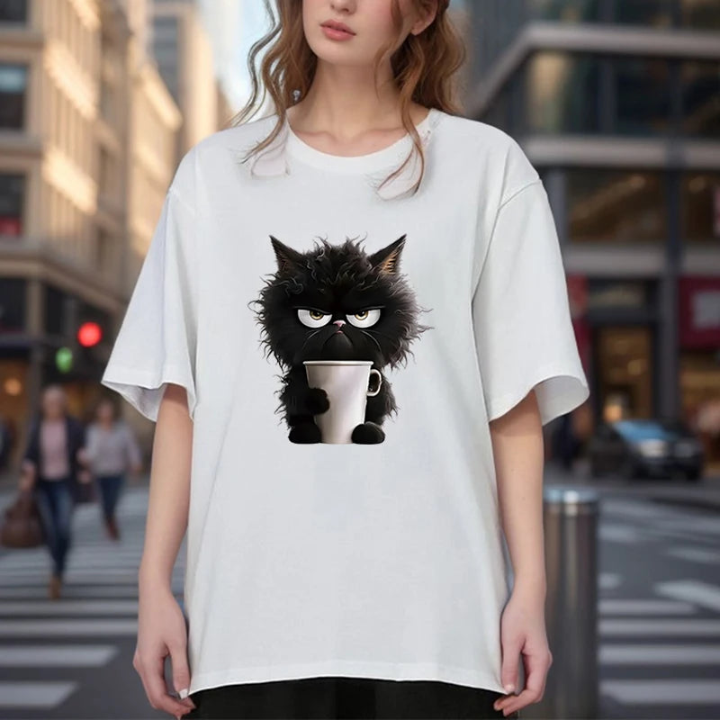 Camiseta con estampado blanco de gato divertido de gran tamaño para mujer, pantalón corto informal de manga corta con cuello redondo, ropa de verano para mujer con animales