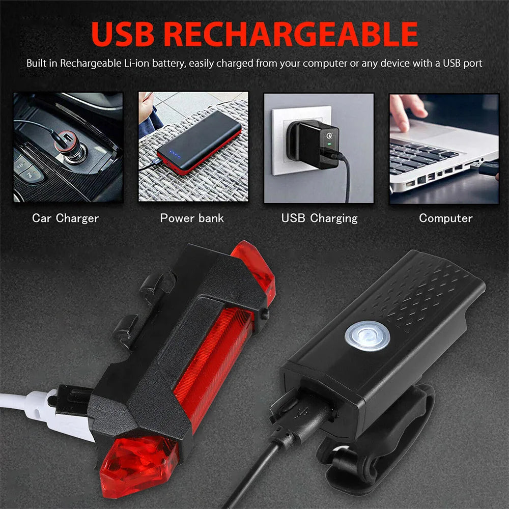 Juego de luces delanteras para bicicleta con luz trasera, recargable por USB, fácil de instalar, 3 modos, accesorios para bicicleta de carretera MTB