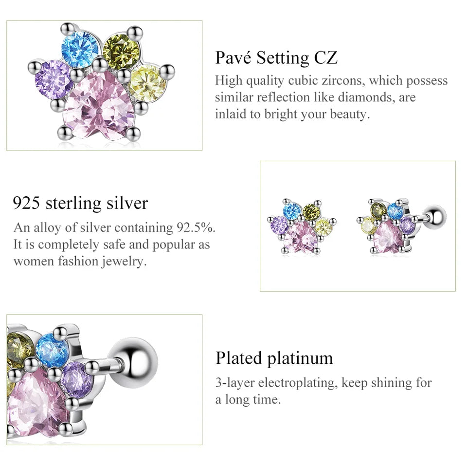 WOSTU-pendientes de plata de ley 925 con diseño de animales y patas bonitas de arcoíris para mujer, aretes con forma de corazón, flor ovalada, circonita, cangrejo, regalo de joyería