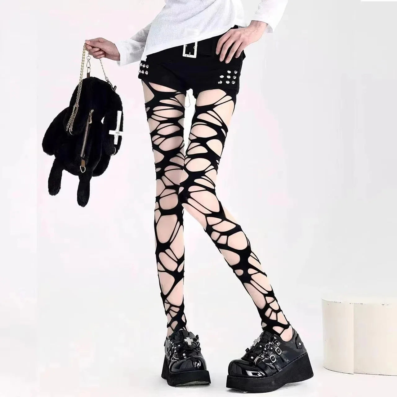 Medias de red rasgadas negras sexis para mujer, pantimedias de malla ajustadas con agujeros Punk gótico, mallas, estilo Emo, ropa de calle Egirl