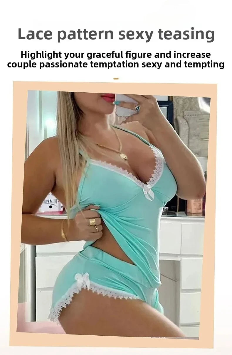Conjunto de camisón con ribete de encaje sexy, ropa de dormir con tirantes para el hogar de gran tamaño, conjunto de dos piezas, gran oferta