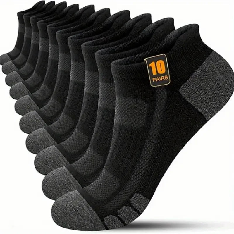 10 pares de calcetines deportivos de corte bajo de Color sólido para hombre, calcetines informales reforzados resistentes al desgaste que absorben el sudor, malla transpirable para todas las estaciones