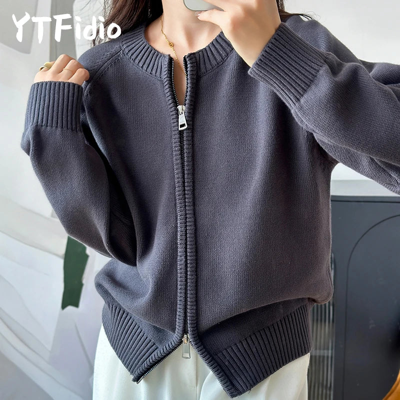 YTFidio 100% de algodón para mujer, cárdigan liso con cremallera gruesa y cuello redondo, ropa de diseñador de lujo, jersey para mujer, Tops femeninos 401
