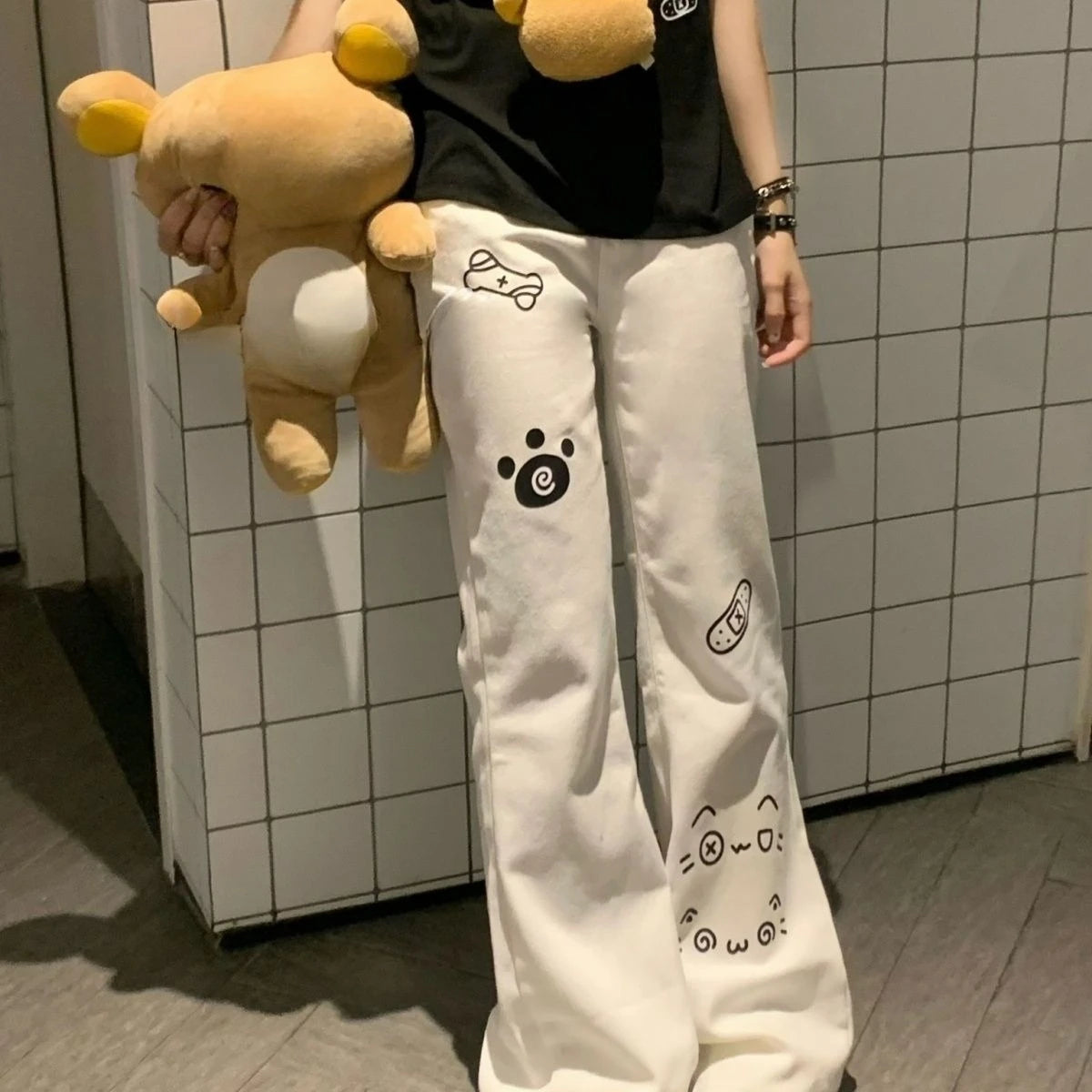 Pantalones largos japoneses Kawaii para mujer, pantalones informales con patrón de gato de dibujos animados Y2K, pantalones deportivos de otoño con subcultura Harajuku dulce
