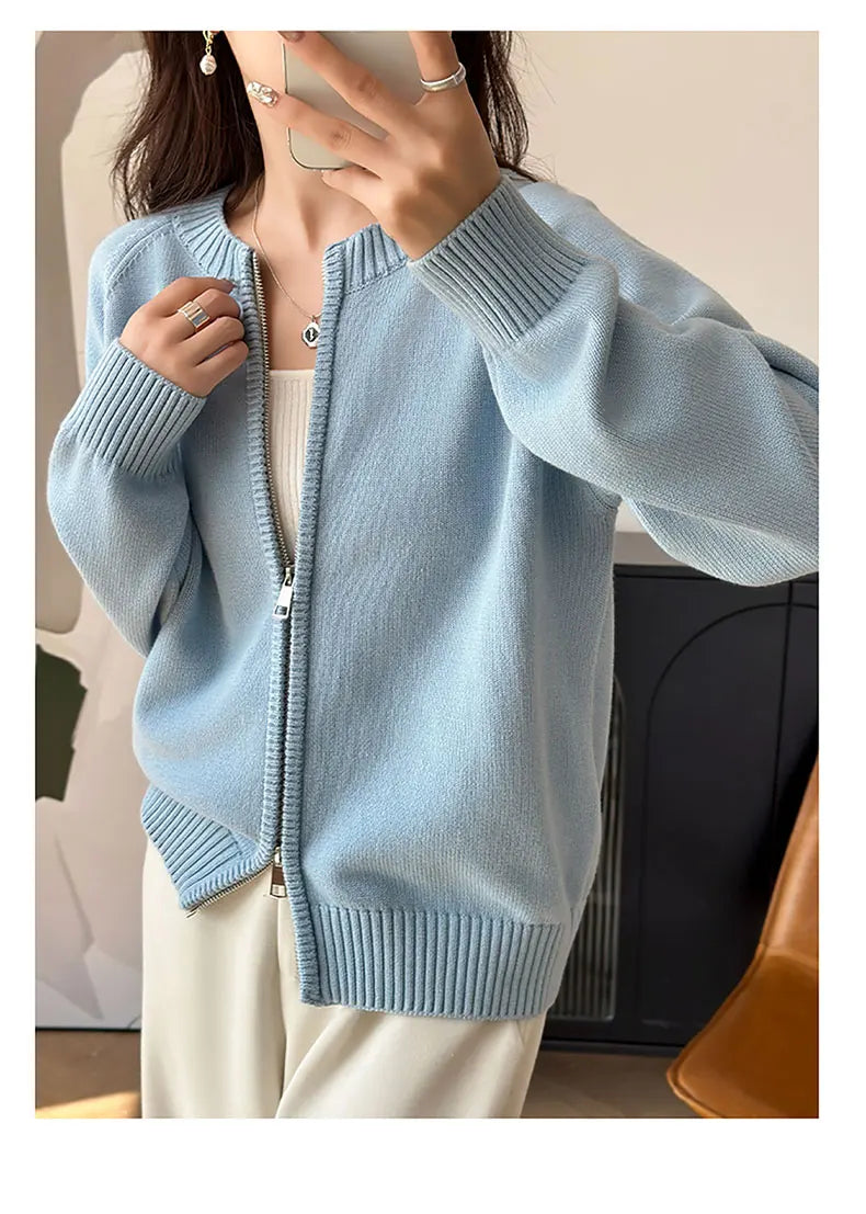 YTFidio 100% de algodón para mujer, cárdigan liso con cremallera gruesa y cuello redondo, ropa de diseñador de lujo, jersey para mujer, Tops femeninos 401
