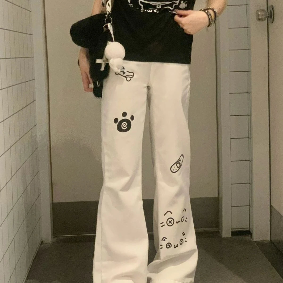Pantalones largos japoneses Kawaii para mujer, pantalones informales con patrón de gato de dibujos animados Y2K, pantalones deportivos de otoño con subcultura Harajuku dulce