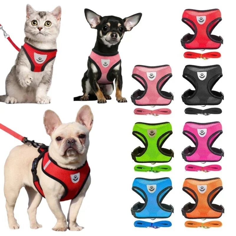 Arnés tipo chaleco para gatos, correa para pasear, collar para cachorros, arnés de malla ajustable de poliéster para perros pequeños y medianos, accesorios para mascotas
