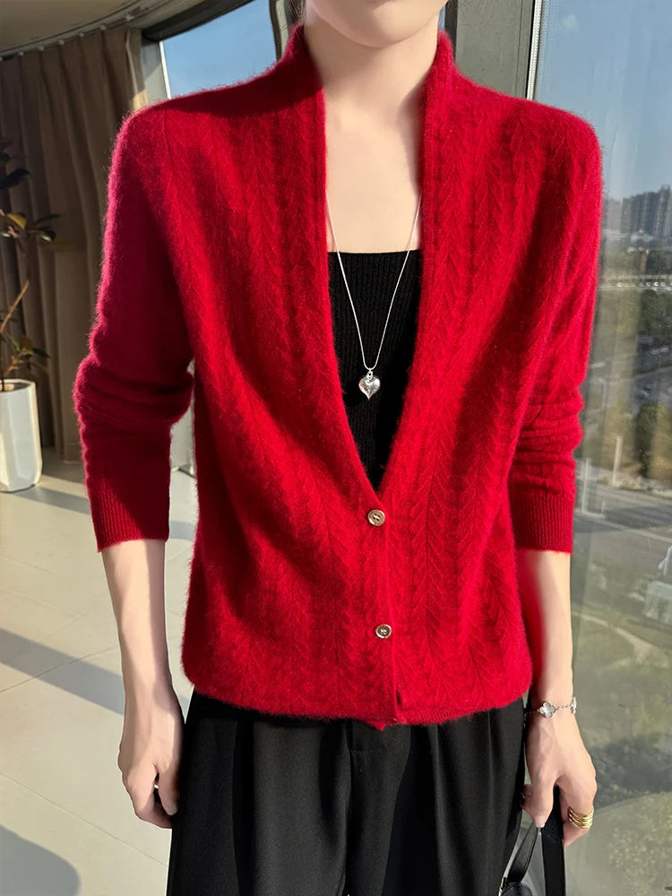 Cárdigan con cuello de bufanda para mujer, Tops, Otoño Invierno, nuevo suéter elegante de lana merina de 100%, suéter de lana elegante para mujer, blusa suave elegante