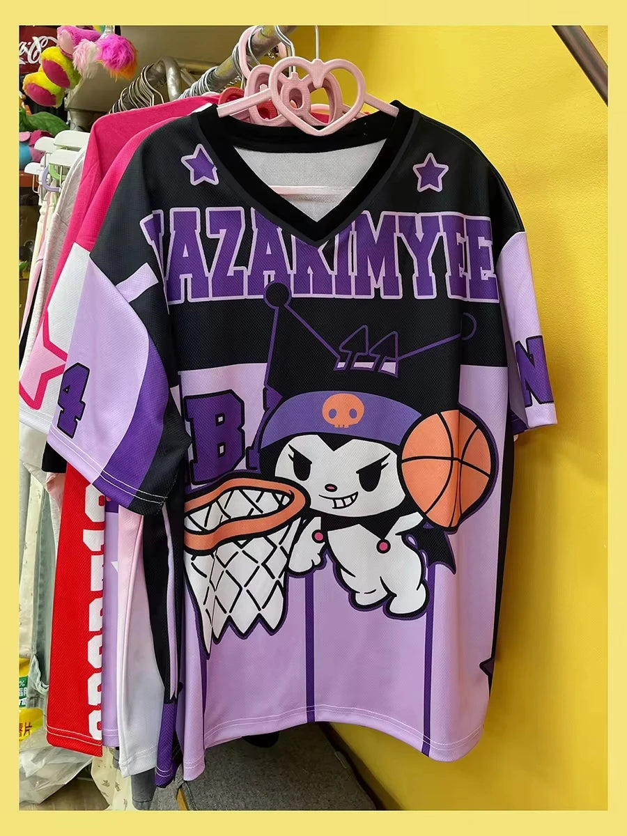 Camiseta de dibujos animados de Hello Kitty, ropa deportiva de moda para mujeres y hombres, pijamas con cuello en V, ropa de calle holgada informal ligera y transpirable, Tops