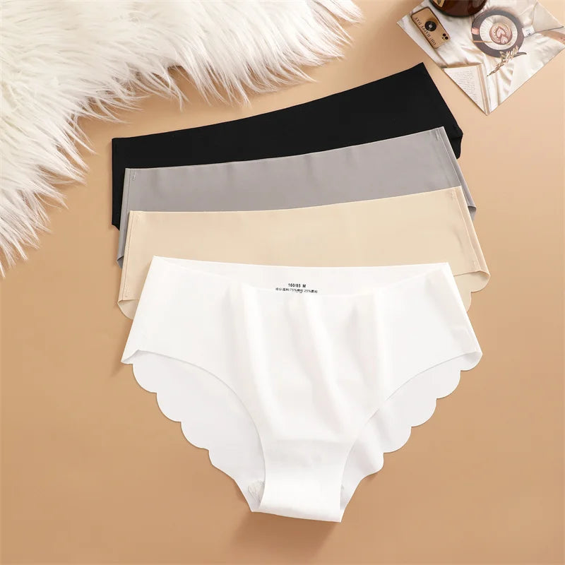 Bragas sin costuras de seda de hielo, 4 unidades/juego de bragas para mujer, ropa interior elástica de Color sólido, bragas laterales onduladas ultrafinas sin rastro
