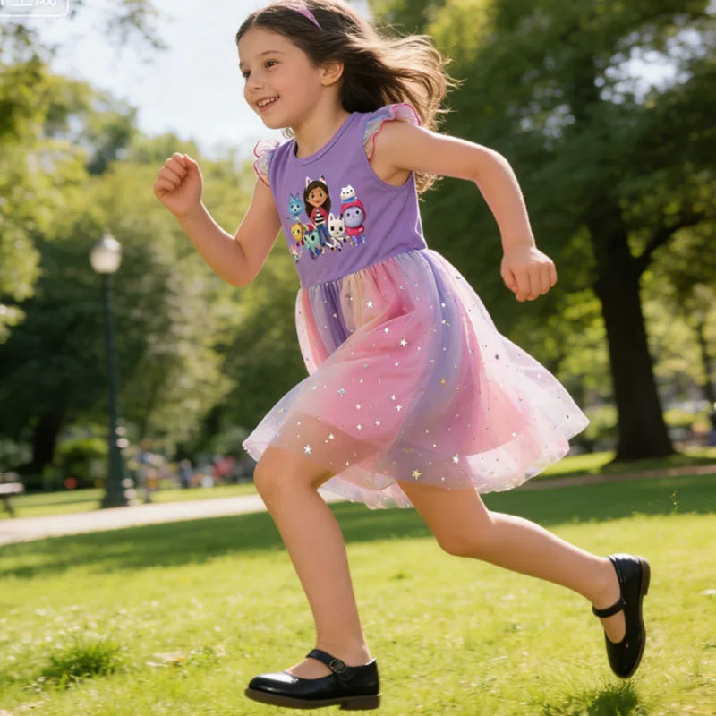 Vestido de gato de dibujos animados para niñas, vestido de princesa estampado con diadema, vestido tutú con mangas voladoras para niños, vestido de cumpleaños de Pascua