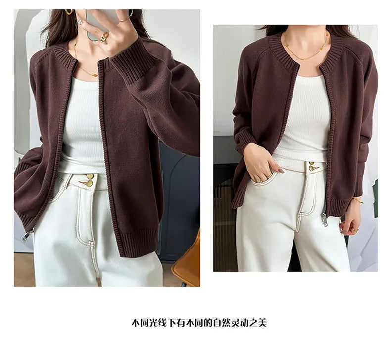 YTFidio 100% de algodón para mujer, cárdigan liso con cremallera gruesa y cuello redondo, ropa de diseñador de lujo, jersey para mujer, Tops femeninos 401
