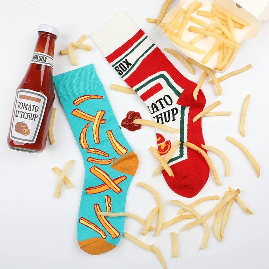 1 par Unisex divertido estilo AB tomate Ketchup French Fry impreso calcetines a media pantorrilla traje en todas las estaciones