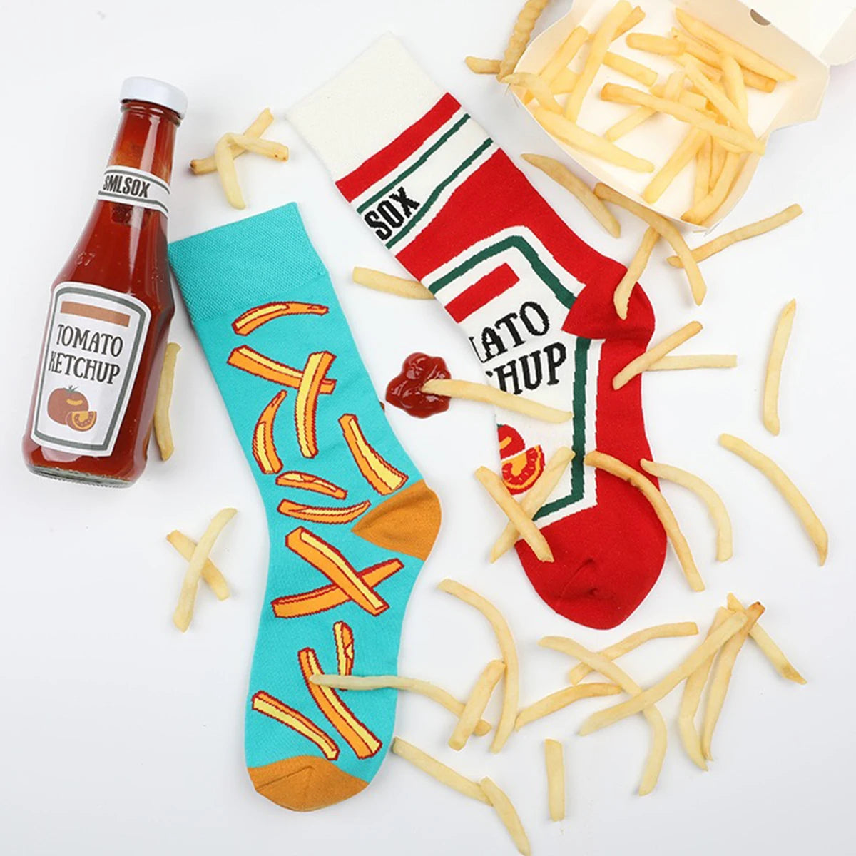 1 par Unisex divertido estilo AB tomate Ketchup French Fry impreso calcetines a media pantorrilla traje en todas las estaciones