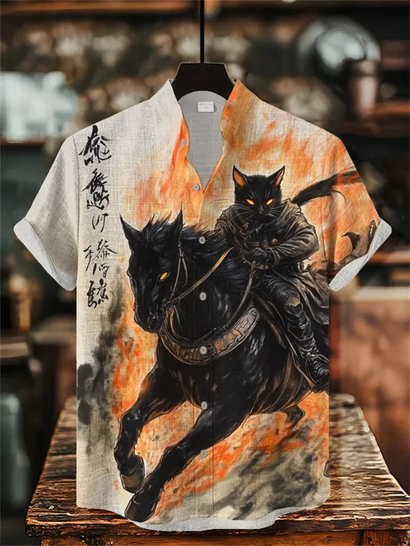 Novedad de verano para hombre, camisa de manga corta con estampado de gato artístico, camisa de manga corta de lino Vintage para hombre, Top informal