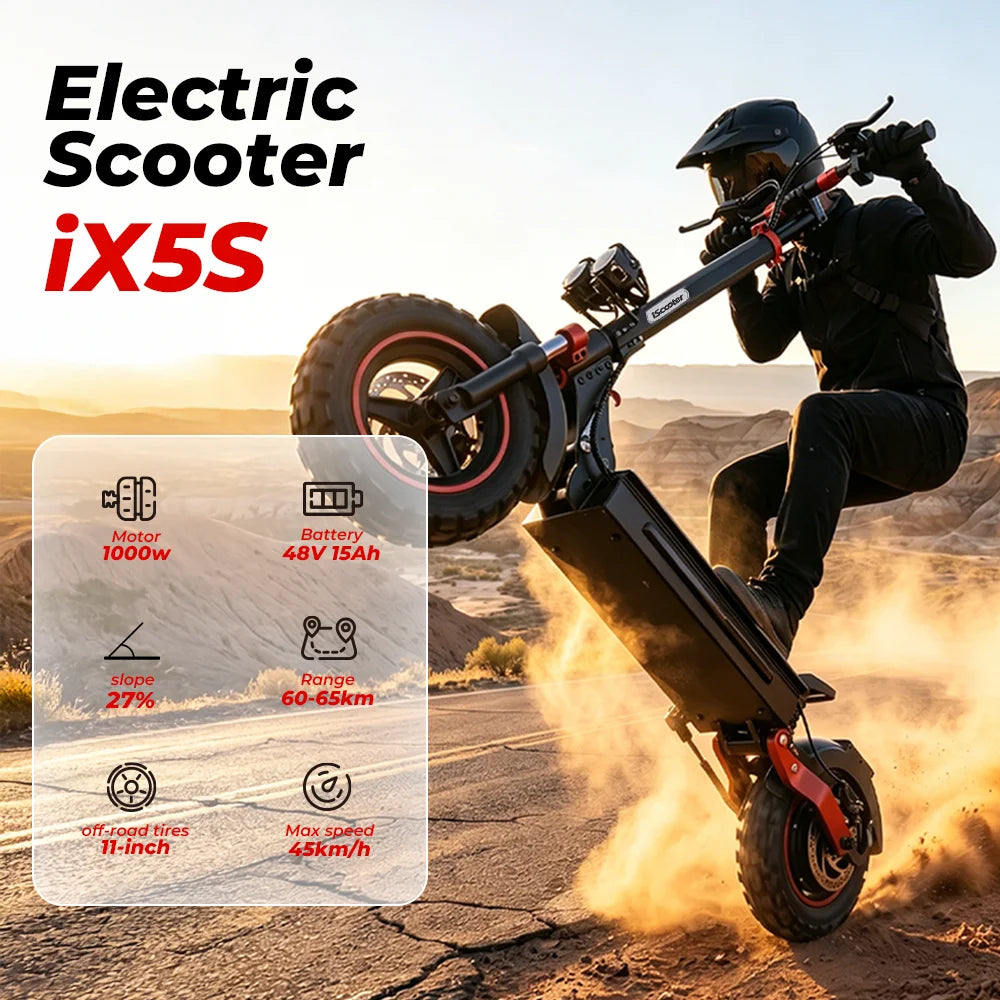 Patinete eléctrico iScooter iX5s de 15 Ah y 1000 W, potente, antideslizante, todoterreno, con neumático, autonomía de 65 km y 45 km/h.