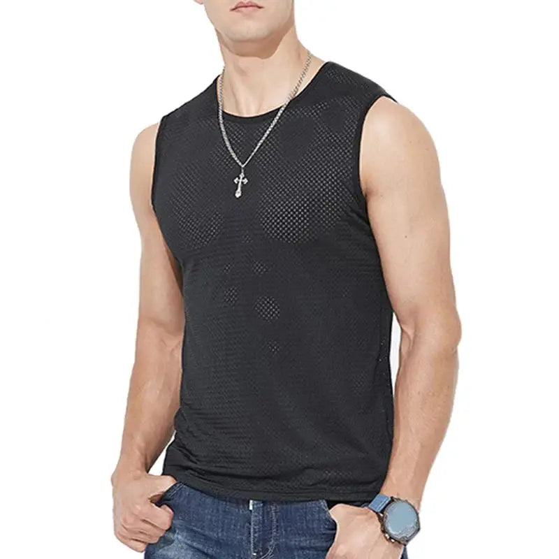 Camisetas sin mangas de malla de seda helada para hombre, camiseta sin mangas transparente para culturismo, chaleco de Fitness, camisetas musculosas de malla para hombre, 1 ud.