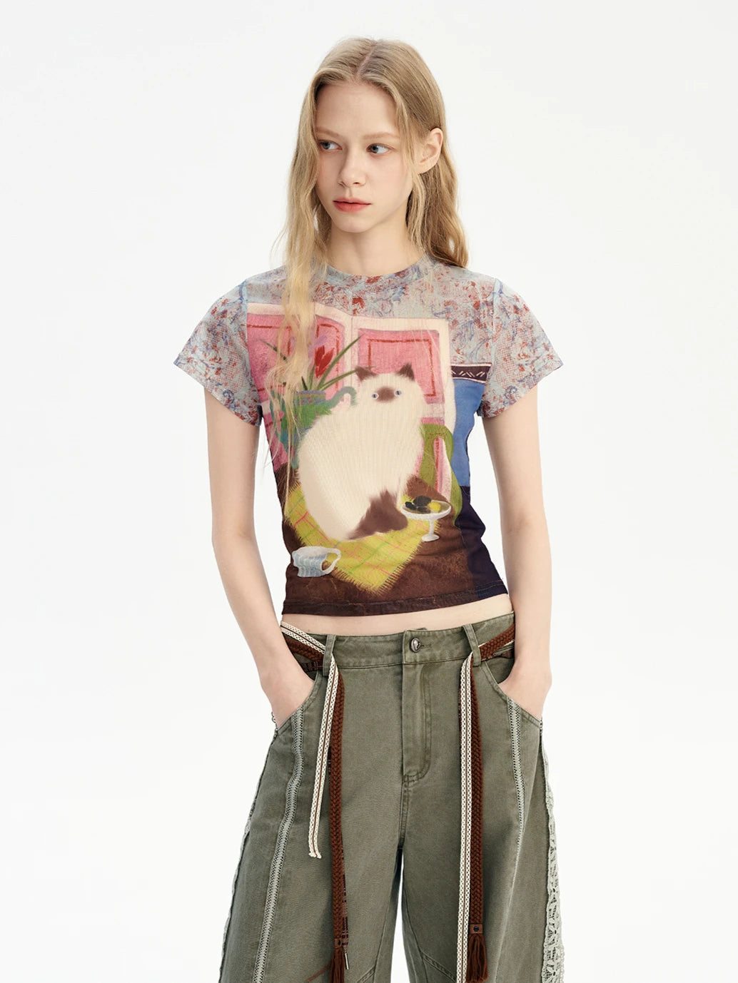 CHEERART-Tops de malla de diseñador de gato para mujer, camisetas gráficas, camisetas bonitas de manga corta, Tops cortos, productos de tendencia 2025