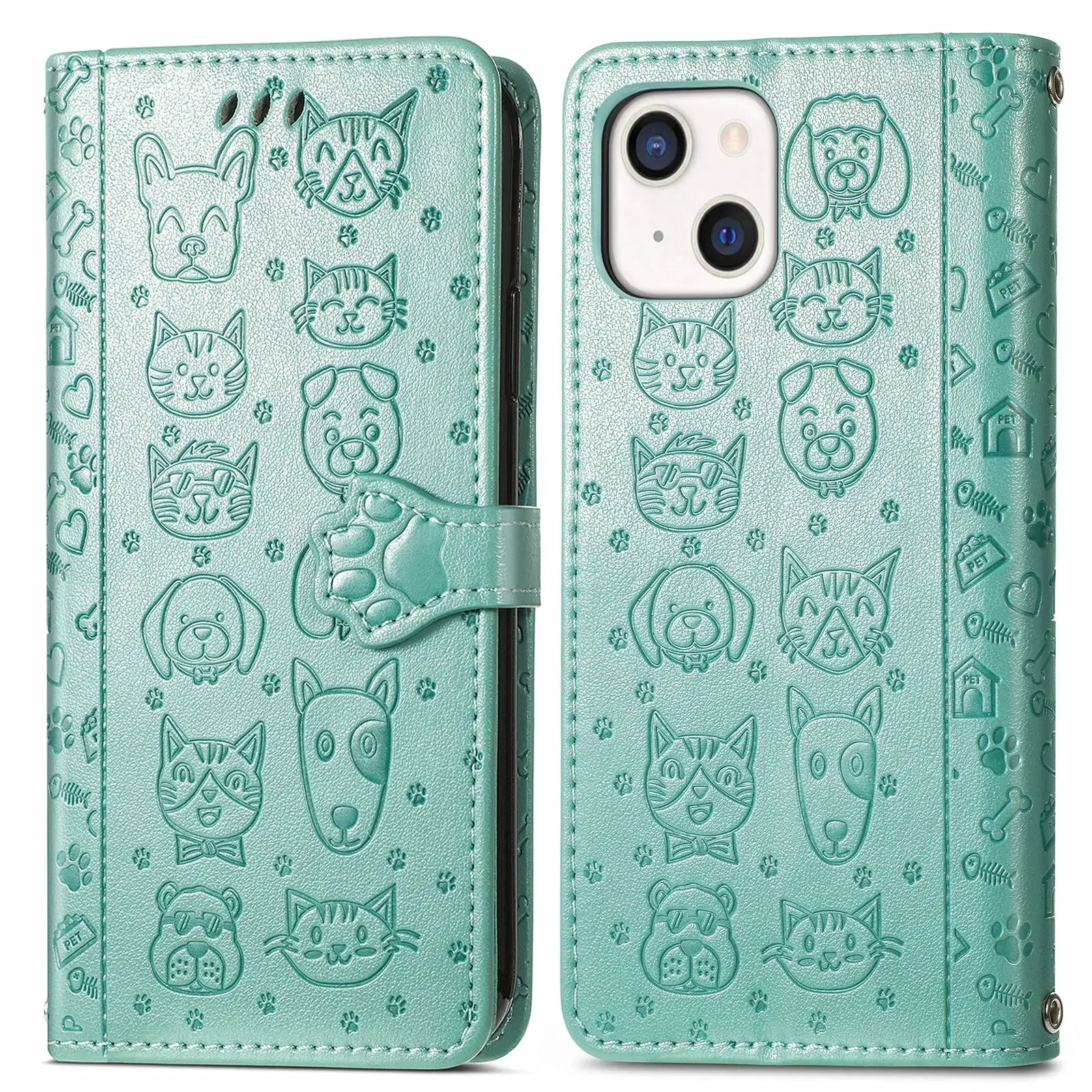 Funda de cuero de lujo con diseño de perro y gato para iPhone 16 15 14 13 12 11 Pro X XR XS MAX 8 7 Plus, bonita funda para teléfono con ranuras para tarjetas, cartera Coque