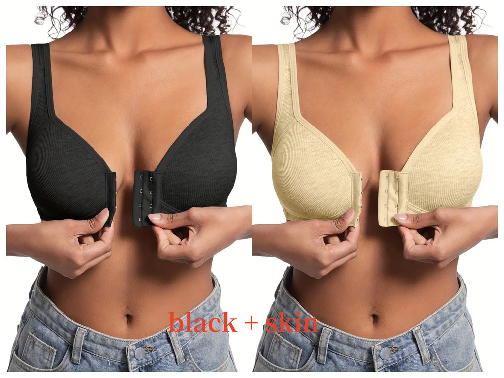 Sujetador de mujer sin aros con cierre frontal, color sólido, cobertura total, copas fijas, más consideradas para personas de mediana edad y mayores individuales