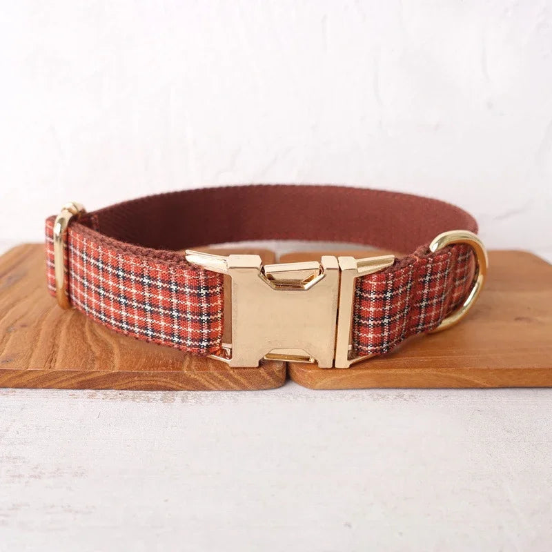 Collar personalizado para perro, Correa con grabado gratis, etiqueta de nombre de identificación, accesorio para mascota, Collar para cachorro a cuadros rojo y marrón