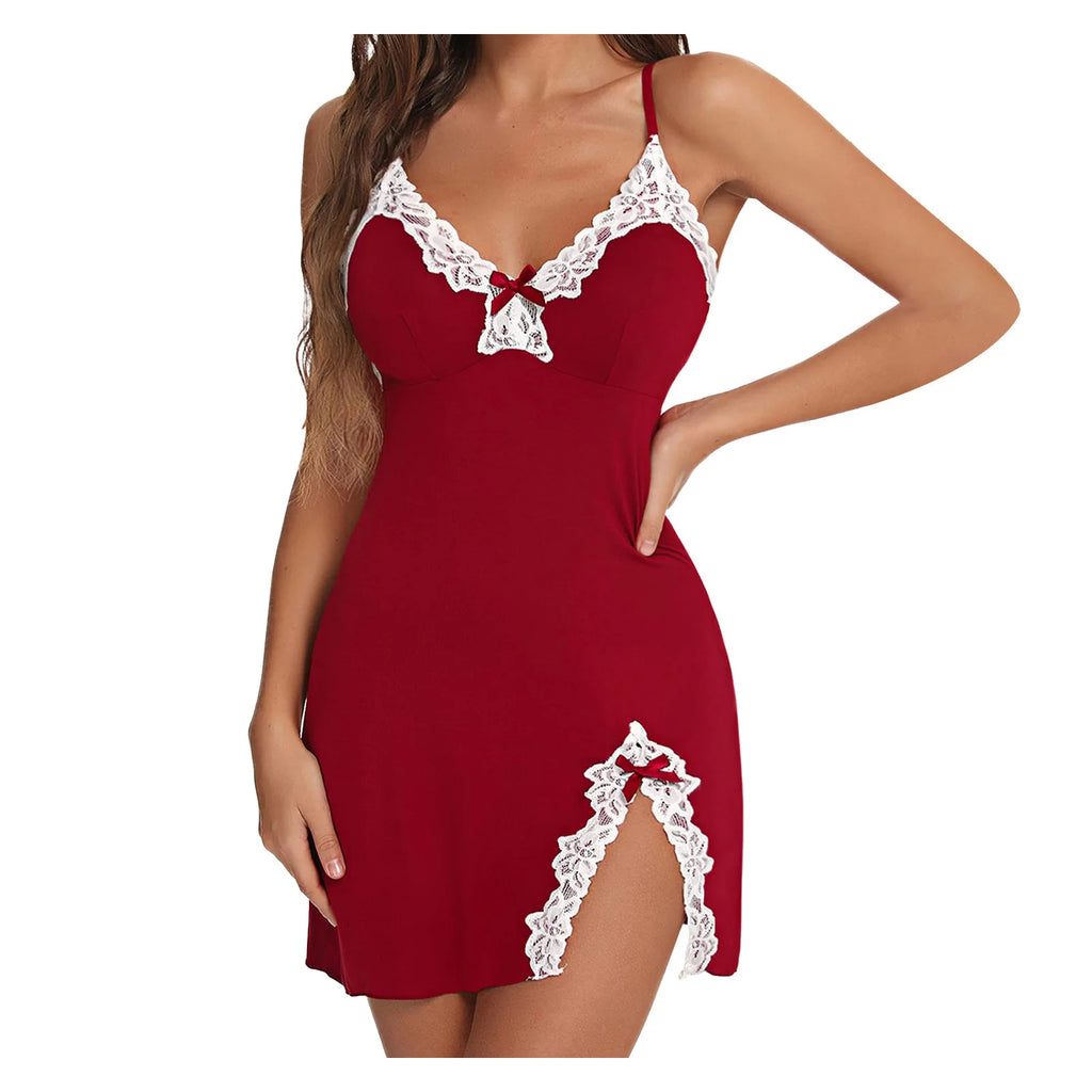 Ropa de dormir Sexy para mujer, camisón de satén de seda con encaje y cuello en V, dobladillo dividido, lencería suave, vestido de noche sin mangas, ropa de dormir femenina