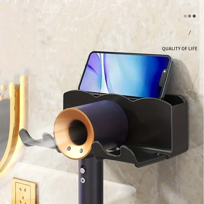 Estante de almacenamiento para secador de pelo, soporte montado en la pared para baño no perforado, almacenamiento de conductos de aire para baño, 1 ud.
