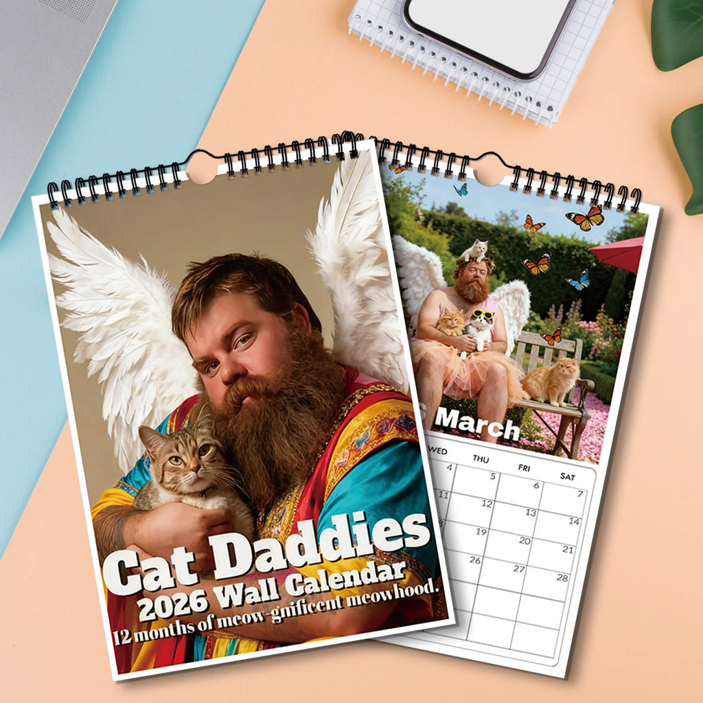 Calendario de pared con temática de Daddies de gato 2026, amantes de los gatos y entusiastas de las mascotas, Ideal para decoración del hogar y la oficina, calendario de pared divertido, 1 ud.
