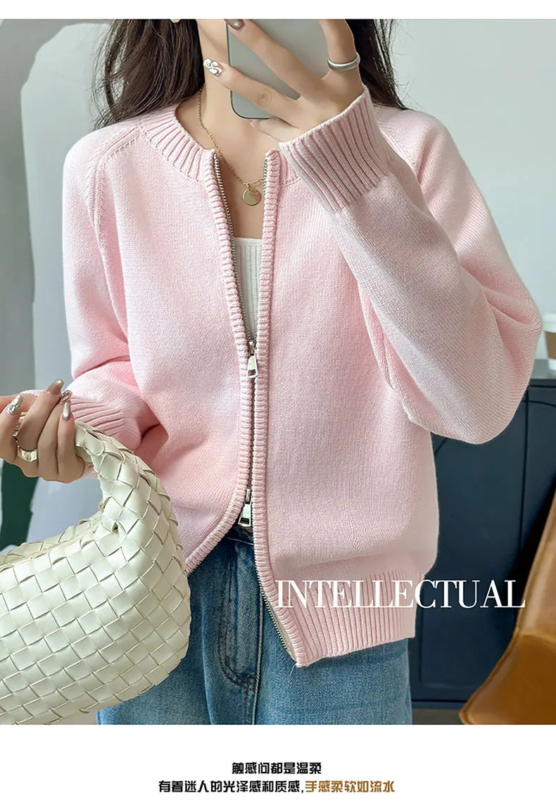 YTFidio 100% de algodón para mujer, cárdigan liso con cremallera gruesa y cuello redondo, ropa de diseñador de lujo, jersey para mujer, Tops femeninos 401