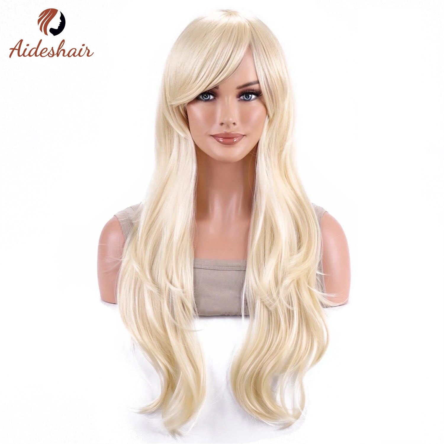 Peluca sintética Aideshair, pelucas de moda de 28 "y 70cm de largo, pelo rizado ondulado, peluca resistente al calor, peluca de Cosplay para mujeres con gorro de peluca gratis