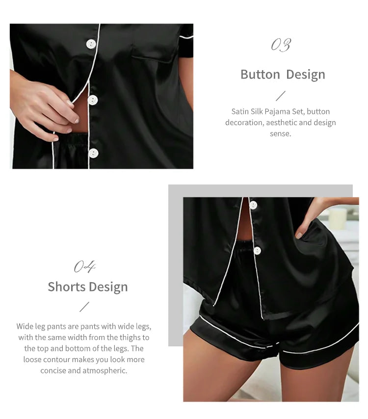 Conjunto de pijama de satén de seda para mujer, Top con botones y pantalones cortos, ropa de dormir con cuello con muescas, ropa de dormir de verano, 2 piezas