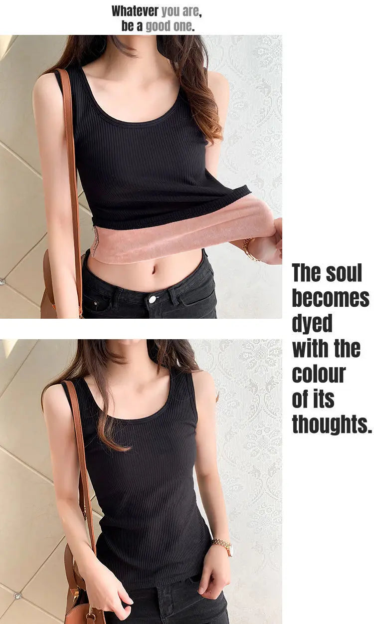 Ropa interior térmica de invierno para mujer, Top sin costuras, camisa de terciopelo, chaleco sin mangas, camiseta interior cálida para mujer, lencería Sexy de Color sólido