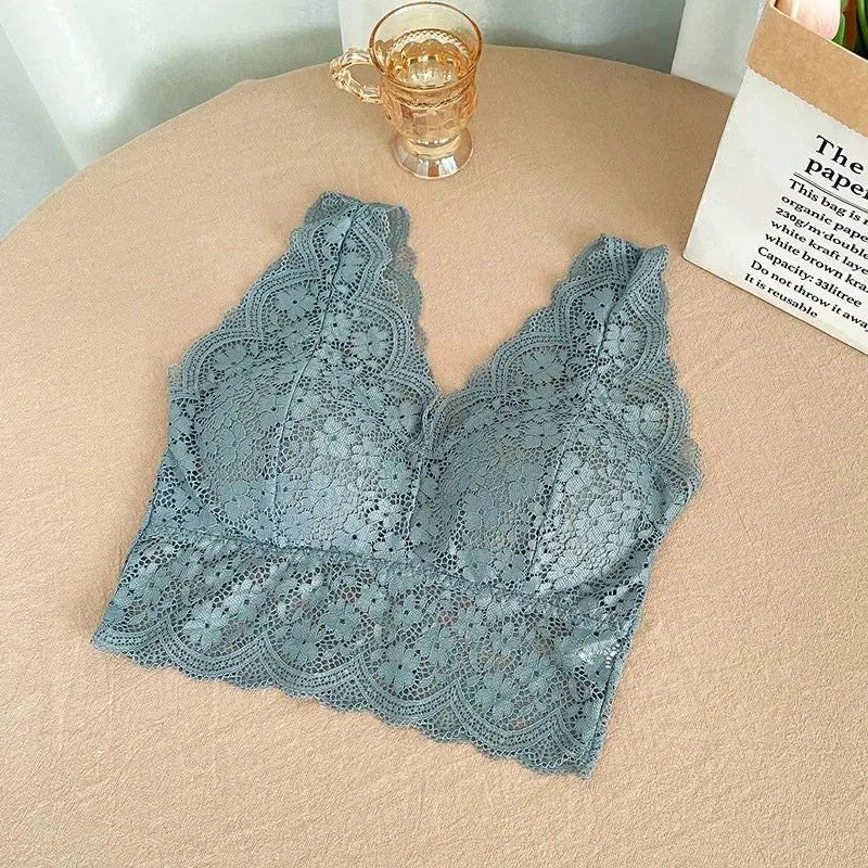 Sujetadores de encaje para mujer, Top con escote en V profundo, lencería Sexy sin aros, camisetas sin mangas, ropa interior femenina, Bralette con espalda en V, camisola acolchada