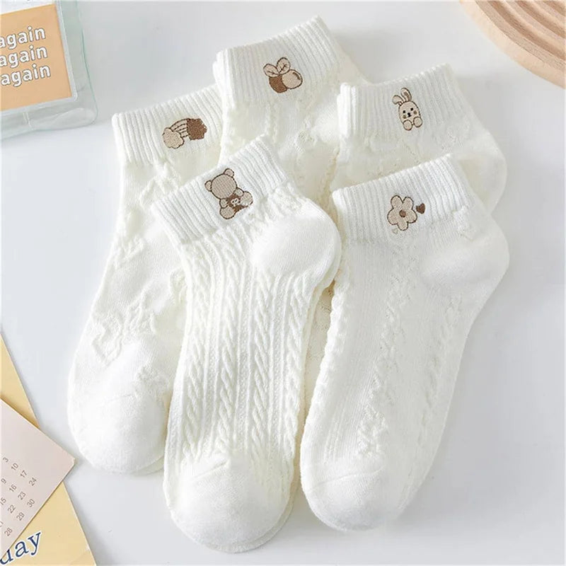 5 pares de calcetines de mujer Primavera Verano lindo oso conejo Arco Iris estampado tobillo calcetines pantalón corto Casual calcetines